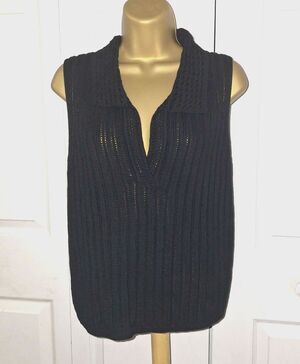 NWT Gap Crochet Sweater Top Blouse Vest Collared Knit V Neck Black Lge Academia
